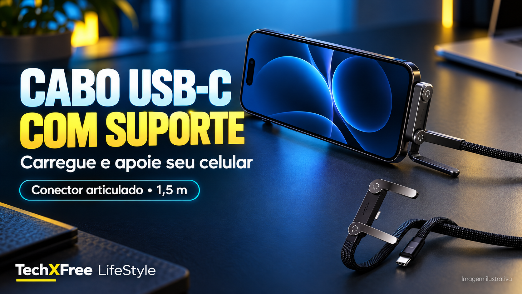 Cabo USB-C 240 W com suporte para celular: carregamento e apoio em um acessório.